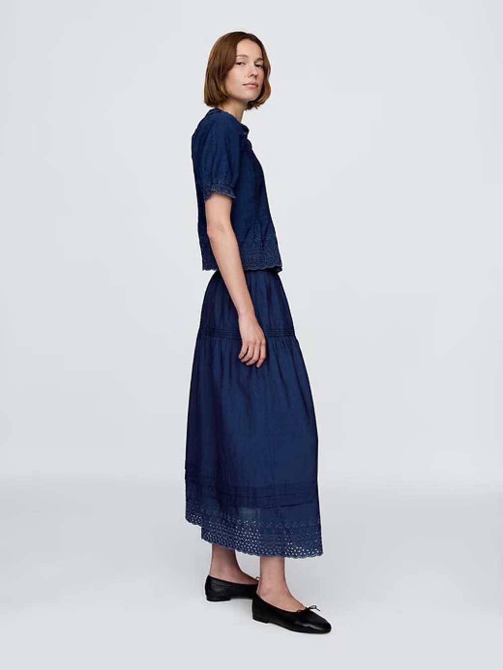 Gap × DÔEN Eyelet Midi Skirt Size Medium Indigo Blue Cotton A-Line Cottagecore - Picture 6 of 14